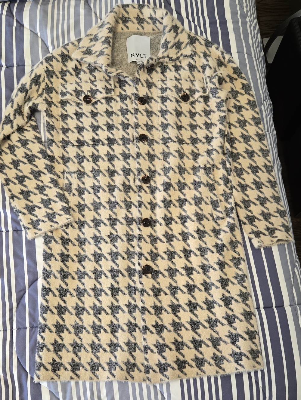 NVLT Women' Houndstooth Sweater Coat in Cream & Charcoal